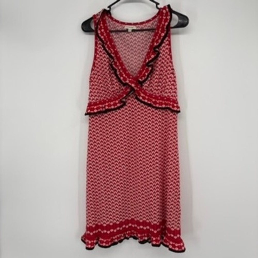 Max Studio Dress Womens L Red White Ruffle V-Neck Geometric Horseshoe Print‎